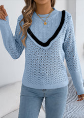 Jacquard Ruffle Crew Neck Knitted Sweater